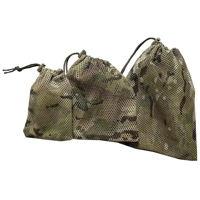 Luminae Stash Bags - Set of 3 Multicam by John Bulls shown standing upright with drawstring closures, ideal for modular travel packing.  from  John Bull Clothing