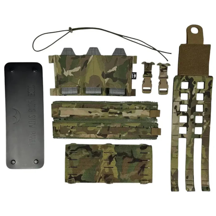 Complete Luminae Virtus Rigging Upgrade Kit components including cummerbund, zip adapters, Velcro front panel, and buckles in Multicam  from  John Bull Clothing