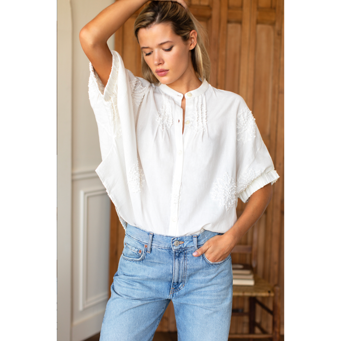 Mandarin Collar Top - French Knot Floral in Ivory