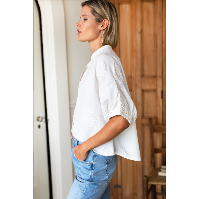 Mandarin Collar Top - French Knot Floral in Ivory