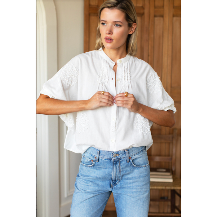 Mandarin Collar Top - French Knot Floral in Ivory