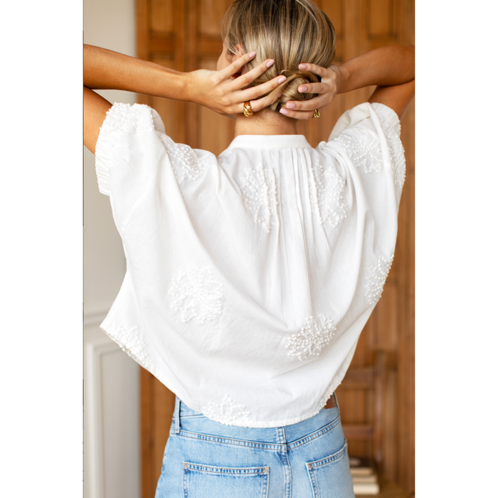Mandarin Collar Top - French Knot Floral in Ivory
