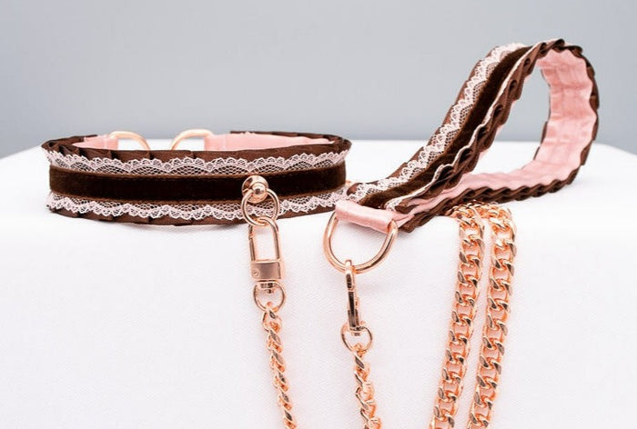 Mauve and Chocolate Velvet Rose Gold Collar and Leash BDSM Set