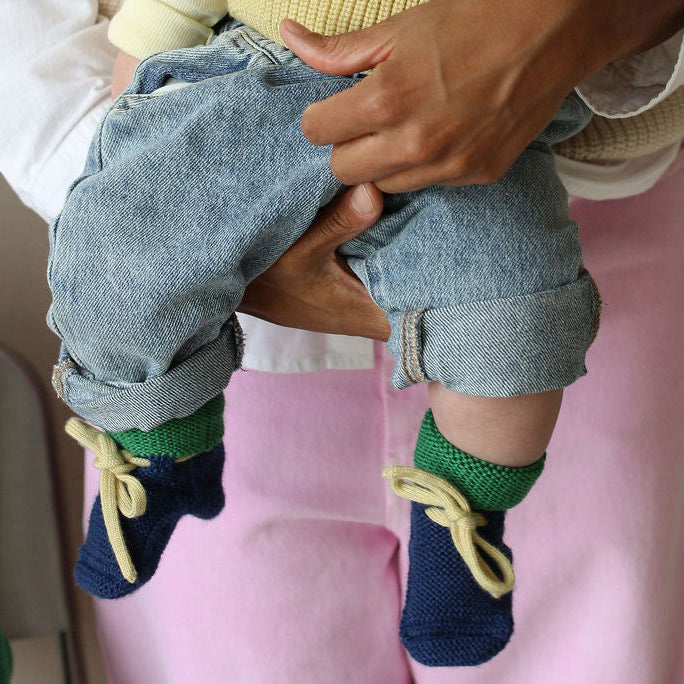 Merino booties 9-15m - Blue/Grass