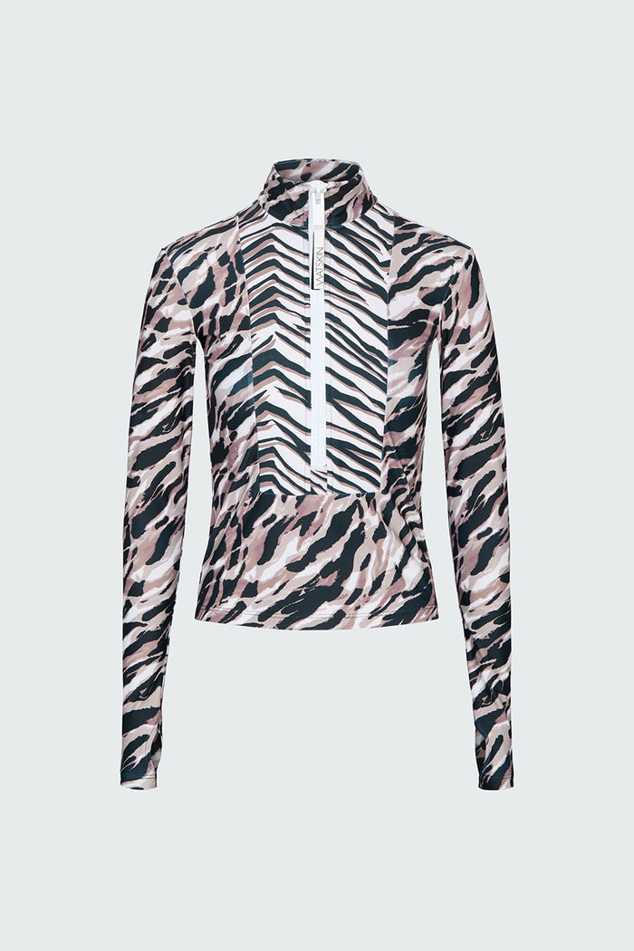Mia Half Zip Pullover Rashguard in Animal Mix shown against a plain light gray background