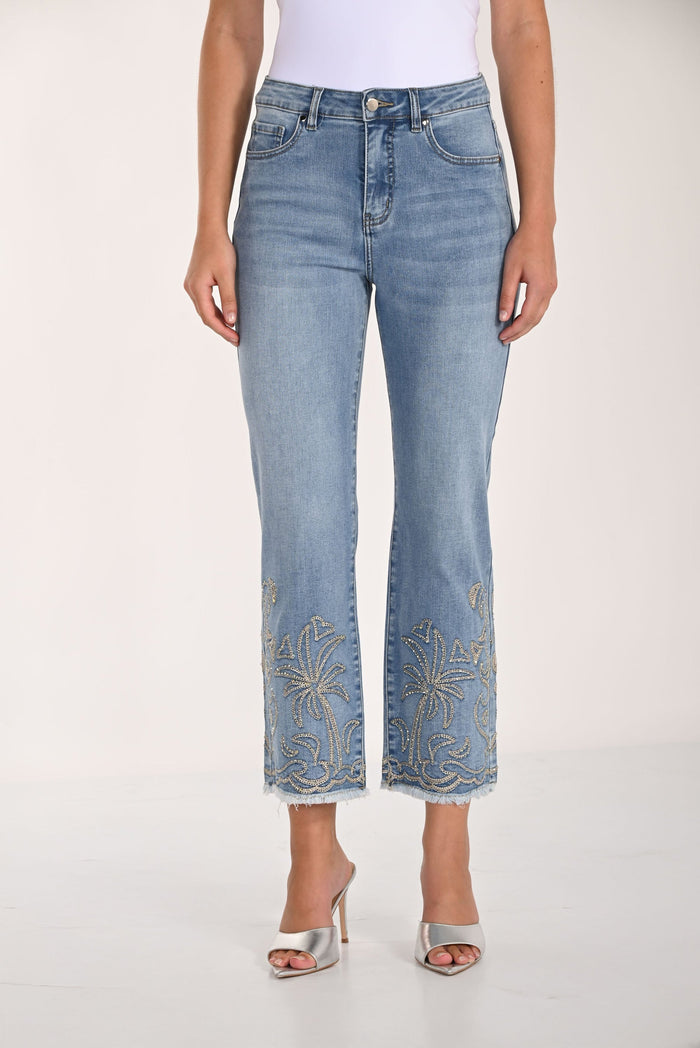 Mid-Rise Cropped Jeans with Palm Floral Print