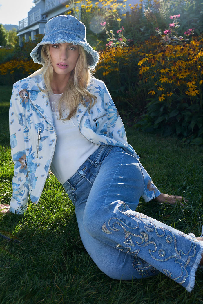 Mid-Rise Cropped Jeans with Palm Floral Print