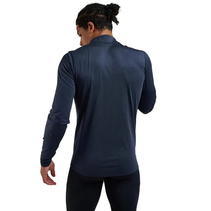 Back view of Montane Mens Dart XT Zip Neck Long Sleeved Thermal Top in navy, showing full-length coverage and ergonomic fit.  from  John Bull Clothing