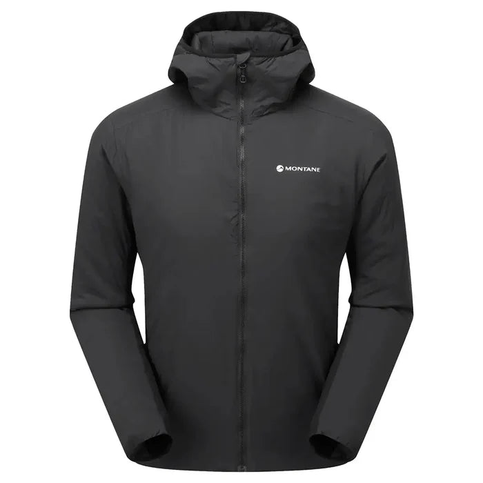 Montane Mens Sirocco Hooded Insulated Jacket in black, featuring PrimaLoft Gold Active insulation for versatile outdoor use. Black from  John Bull Clothing