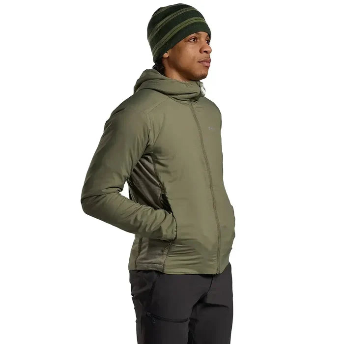 Side profile of Montane Mens Sirocco Hooded Insulated Jacket in green, showing ergonomic fit and zippered pockets.  from  John Bull Clothing
