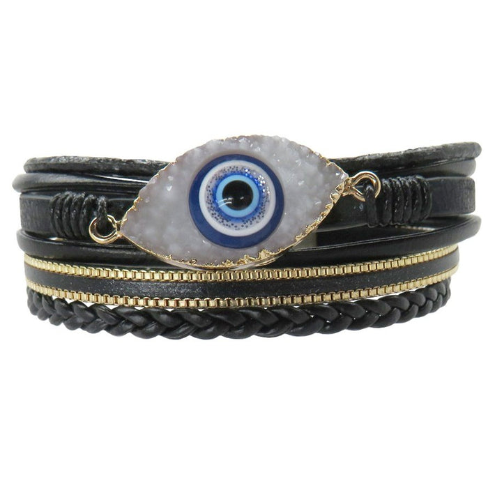 Multi Layer Leather Evil Eye Wrap Bracelet, Magnetic Clasp, Black
