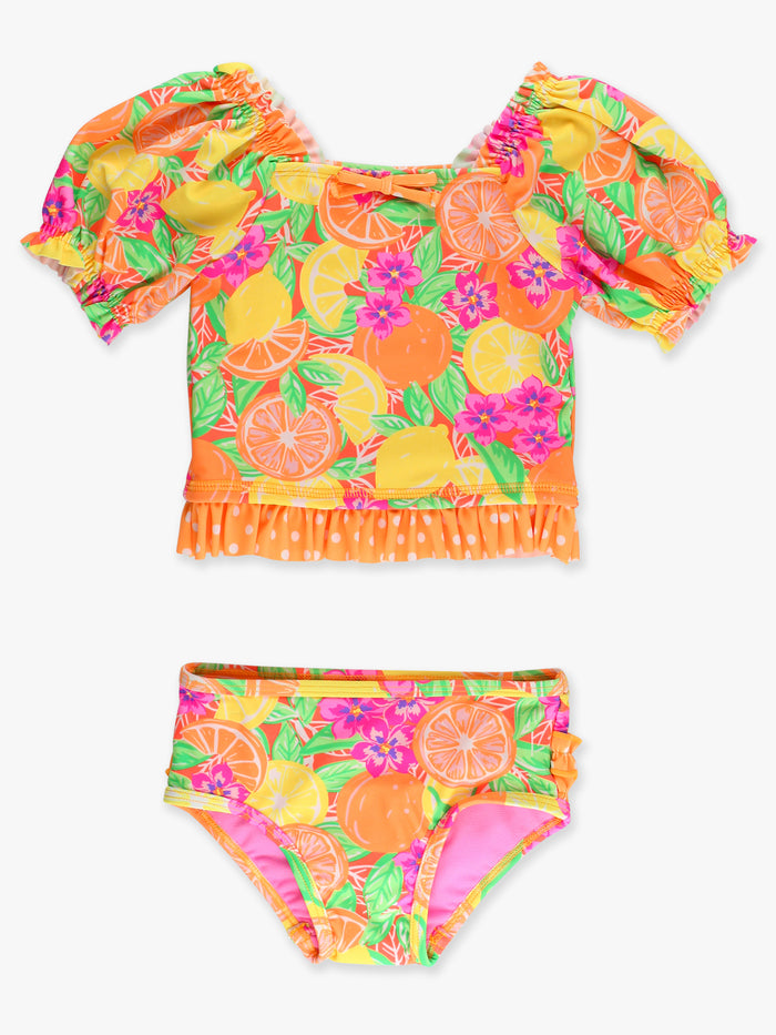 Neon Squeeze the Day Puff Sleeve Ruffle Tankini