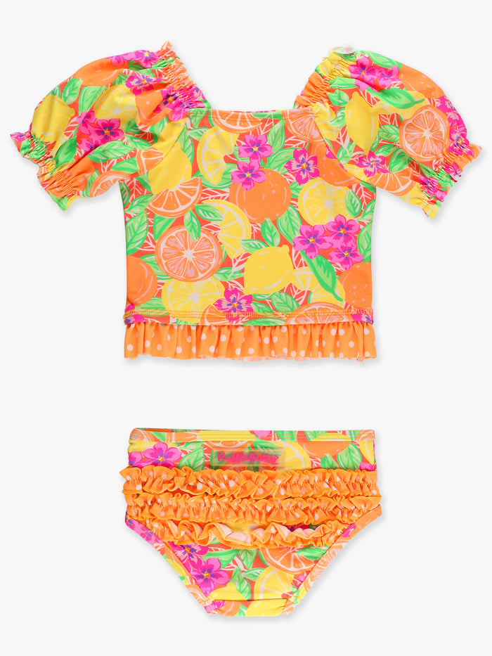 Neon Squeeze the Day Puff Sleeve Ruffle Tankini
