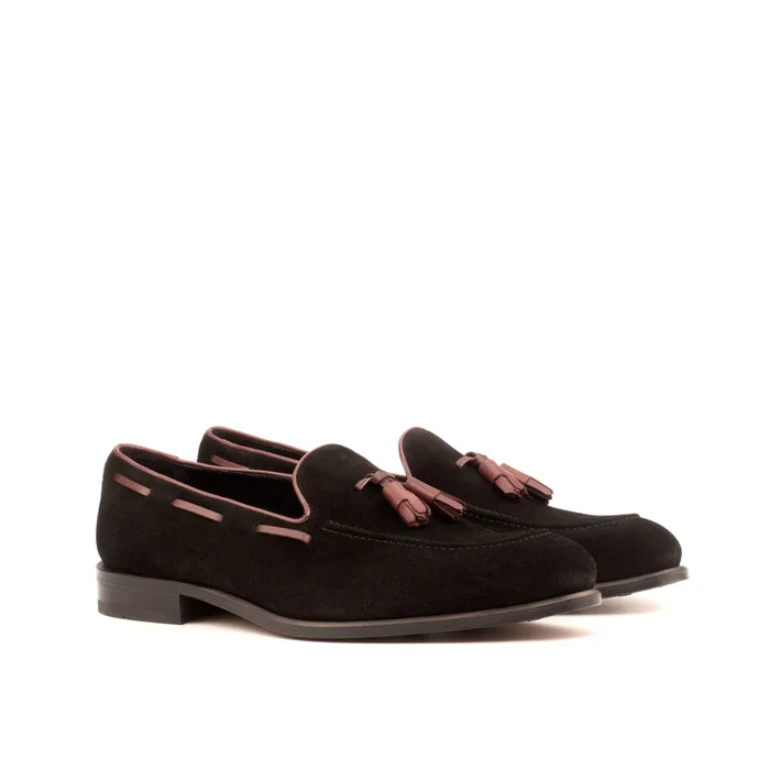Nonda loafers: black suede tassel luxury bespoke shoes for men