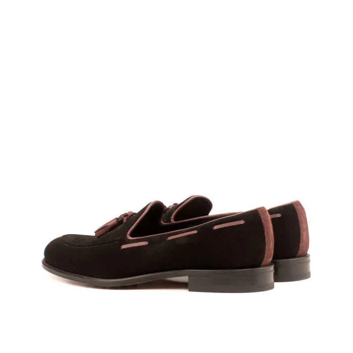 Back view of Nonda loafers: black suede tassel luxury bespoke shoes for men