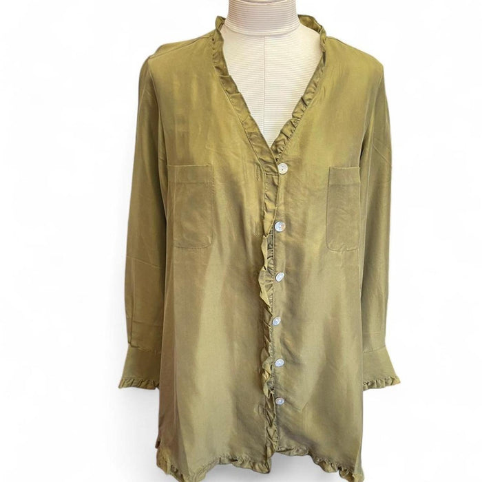 Olive green silk button up shirt