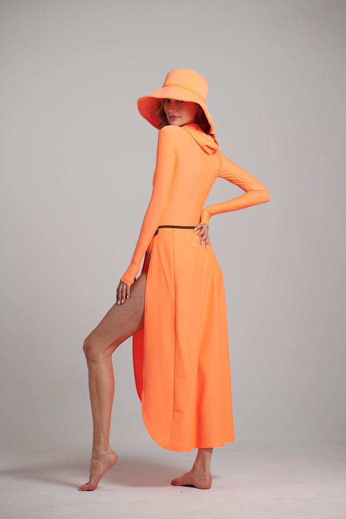 Back view of Watskin Olivia Wrap Skirt and Sienna Hat in Orange