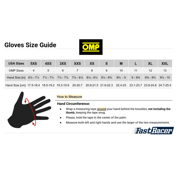 OMP Racing Gloves and Kart Gloves Size Chart - Fast Racer