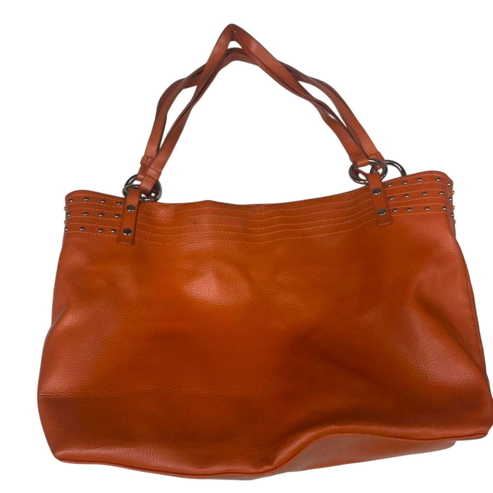 Orange leather tote bag with broken zipper