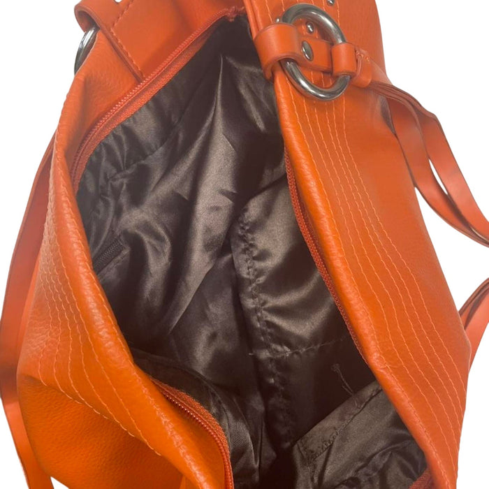 Orange leather tote bag with broken zipper