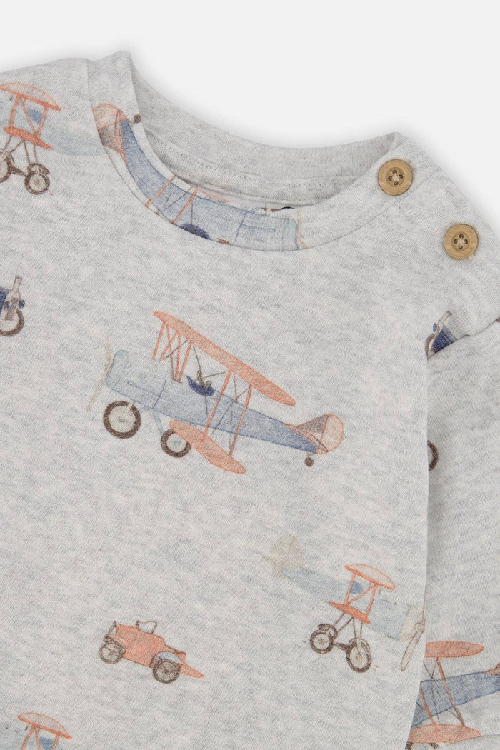 Organic Cotton Pants And Top Set Beige Printed Airplanes