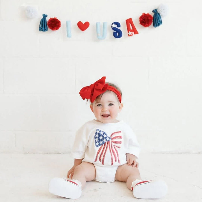 Patriotic Sequin Bow Patch Short Sleeve Romper