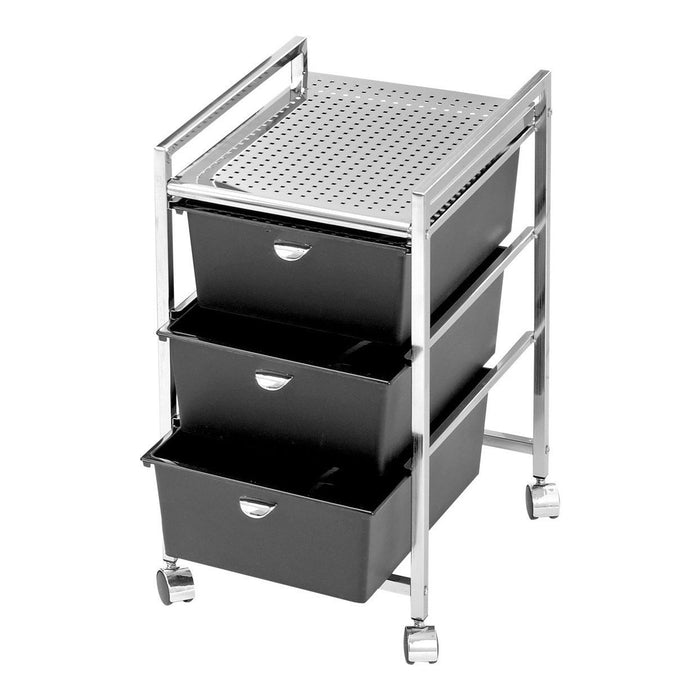 Pibbs Pedicure Metal Roller Cart with 3 black drawers and perforated top shelf on casters.