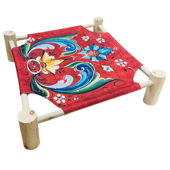 Pet Bed with Wood Base with Lise Lorentzen Rosemaling