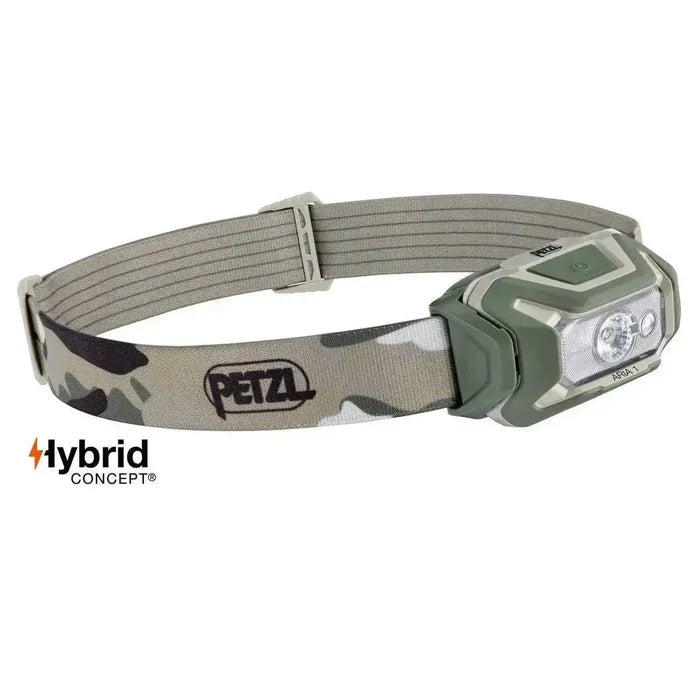 Petzl Aria 1 RGB Waterproof Headtorch 350 Lumens in camouflage design with adjustable headband, ideal for outdoor activities and professional use.  from  John Bull Clothing
