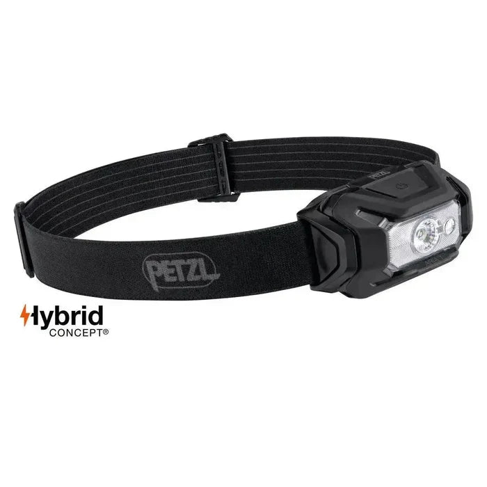 Petzl Aria 1 RGB Waterproof Headtorch 350 Lumens in black with an adjustable strap, offering powerful illumination for camping and hiking adventures.  from  John Bull Clothing