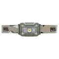 Front view of Petzl Aria 1 RGB Waterproof Headtorch 350 Lumens in camouflage, designed for outdoor enthusiasts needing reliable hands-free lighting. Camouflage Multicam from  John Bull Clothing