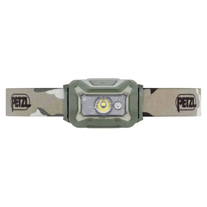 Front view of Petzl Aria 1 RGB Waterproof Headtorch 350 Lumens in camouflage, designed for outdoor enthusiasts needing reliable hands-free lighting. Camouflage Multicam from  John Bull Clothing