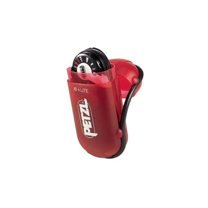 Petzl E+Lite Compact Emergency Head Torch stored in its red protective case, designed for portability and durability in outdoor and emergency situations.  from  John Bull Clothing