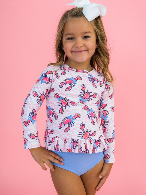 Pink Lobster Lagoon Long Sleeve Rash Guard 2-Piece Swimsuit