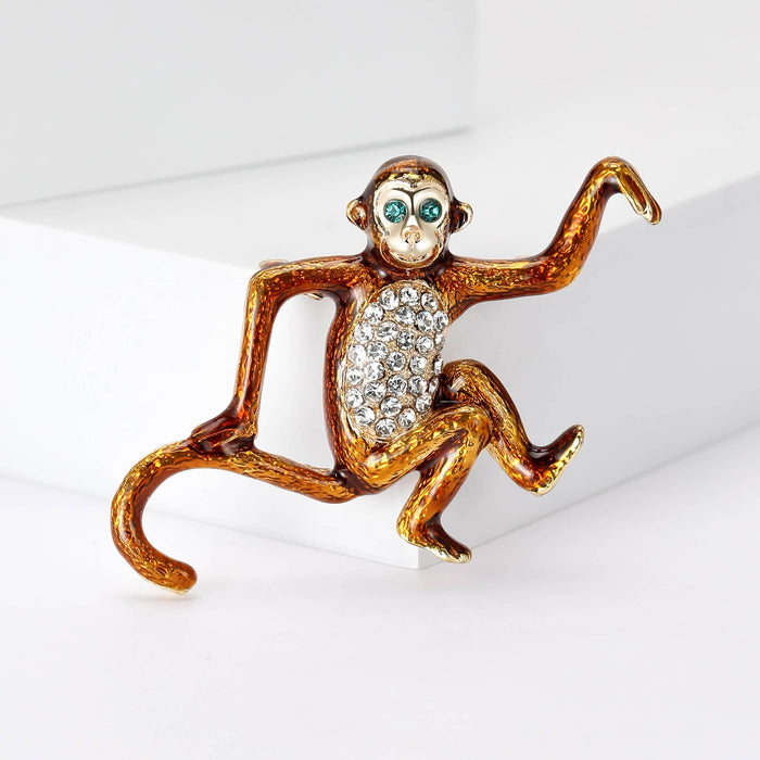 Playful Monkey Brooch - Rhinestone-Accented Animal Pin in Brown