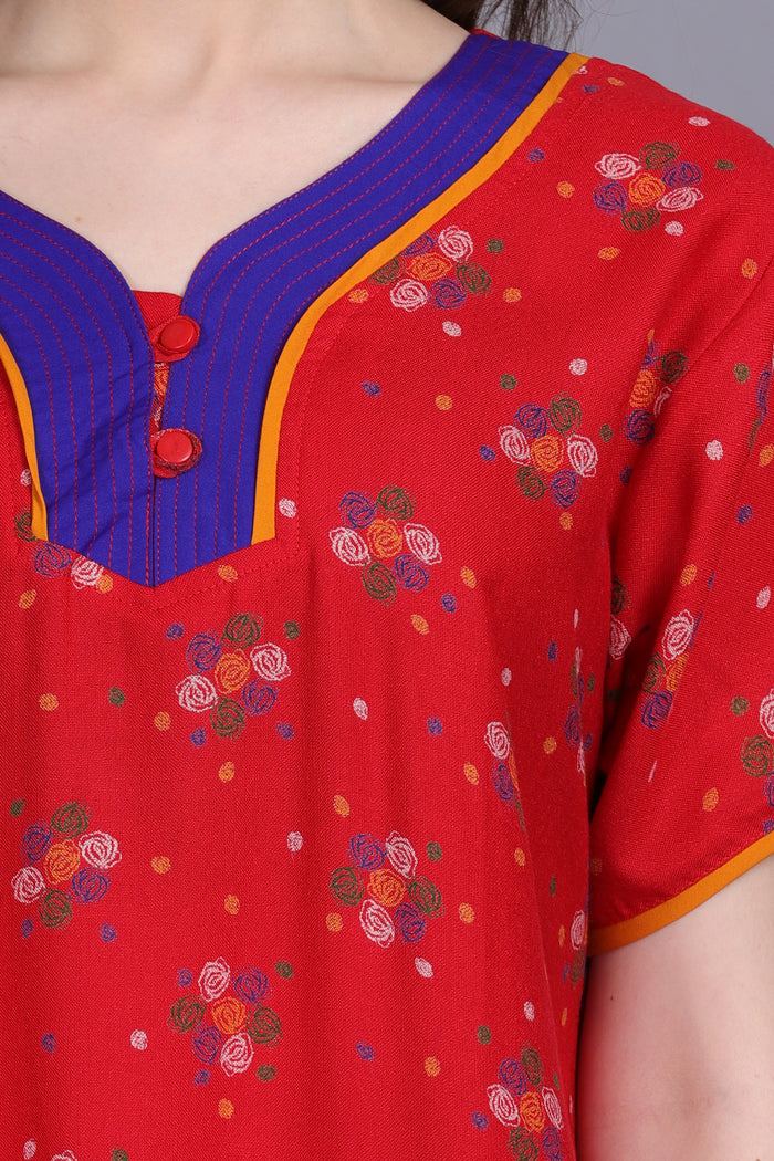Printed Alpine Ladies Night Gown with Attractive Neck Design