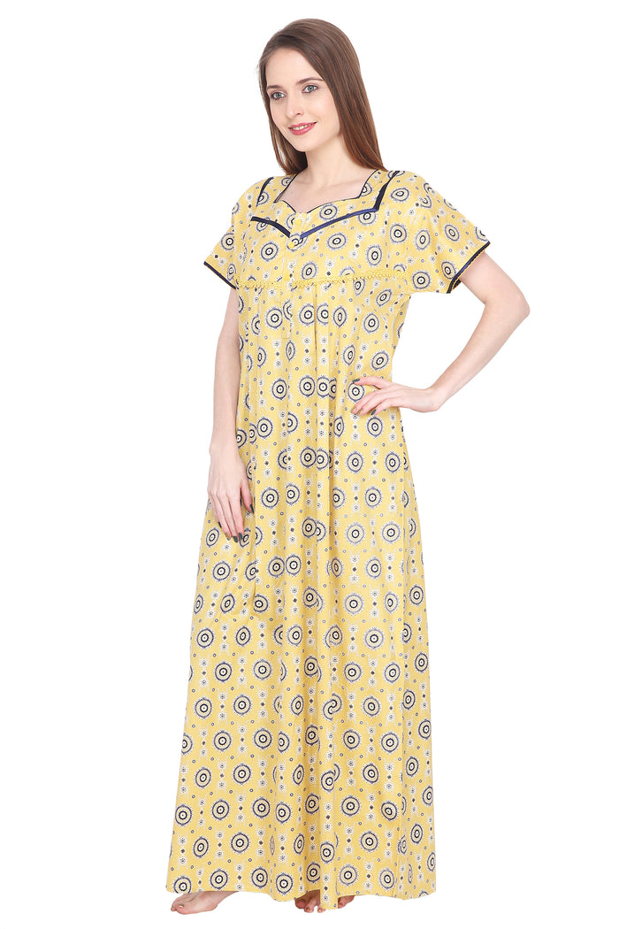 Printed Cotton Procian Ladies Night Gown with Pocket