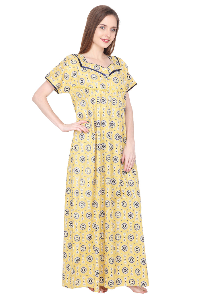 Printed Cotton Procian Ladies Night Gown with Pocket