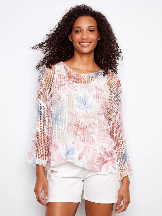Printed Fishnet Crochet Sweater (Flowery)