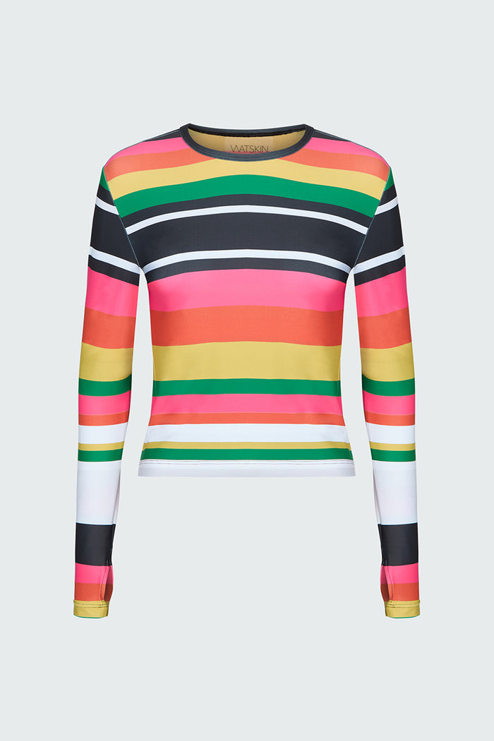 Product image of a brightly colored stripe long sleeve tee with cut outs at thumbs, crew neck, and zipper pocket on bicep of sleeve