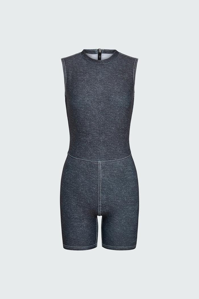 Watskin Reiley sleeveless bodysuit in Black Denim shown flat