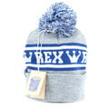 gray and blue knitted cross country ski hat