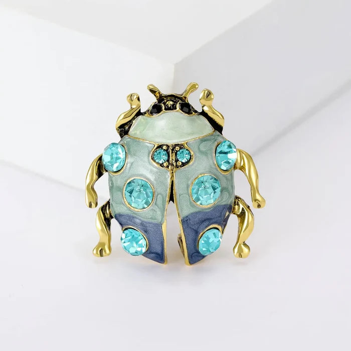Rhinestone-Accented Ladybug Brooch - Blue