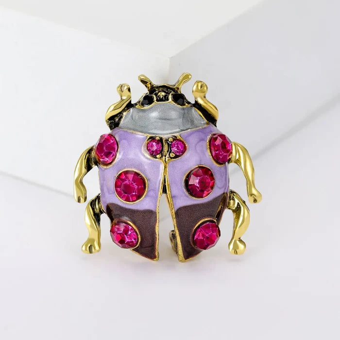 Rhinestone-Accented Ladybug Brooch in Purple