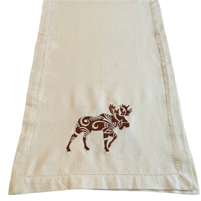 Rosemaling Moose Embroidered on Cream 36" Runner