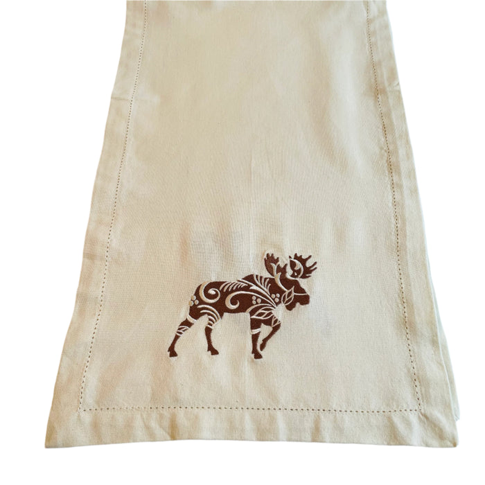 Rosemaling Moose Embroidered on Cream 36" Runner