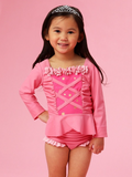 Royal Pink Princess Dress-Up Long Sleeve Rash Guard 2-Piece Swimsuit