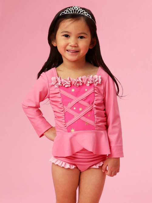Royal Pink Princess Dress-Up Long Sleeve Rash Guard 2-Piece Swimsuit