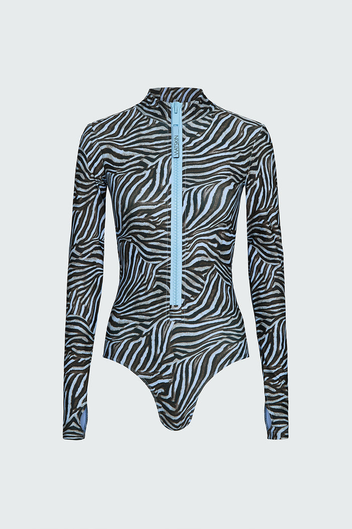 Watskin Ryann Bodysuit in Blue Zebra shown flat against white background