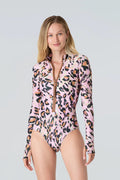 Female model wearing Watskin Ryann bodysuit in Pink Leopard